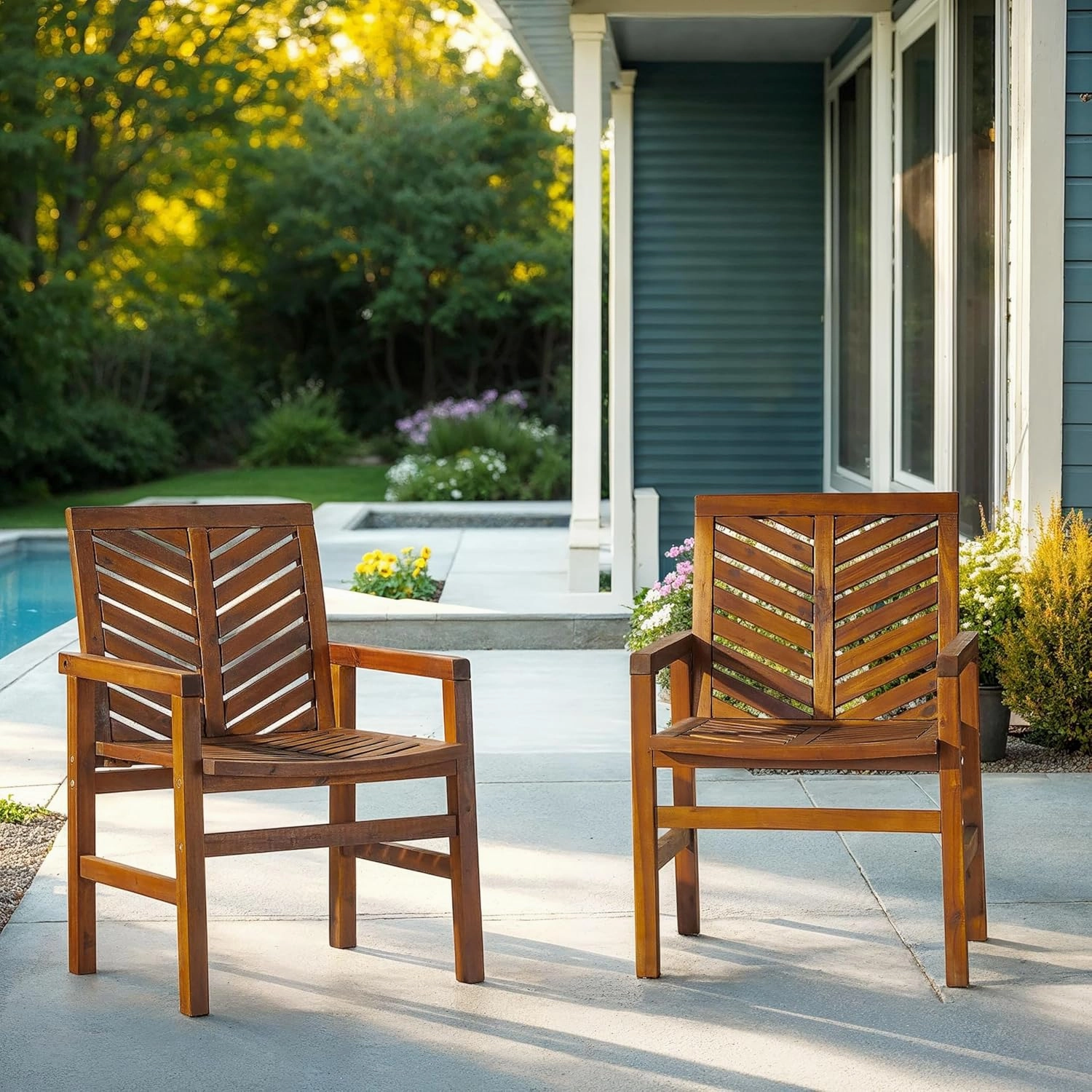 Walker Edison 2 Piece Outdoor Patio Chevron Wood Chair Set All Weather Backyard Conversation Garden Poolside Balcony, Set of 2, Dark Brown