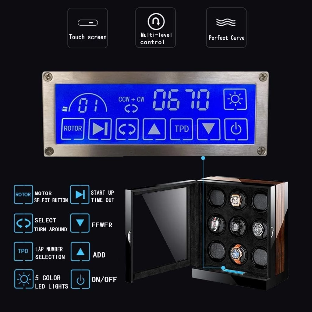 Watch Winder Touch Display Japan Silent Motor Wooden Piano Finish Automatic Box Winder Spaces with LED Elegant Showcase Watch Winder Display Watch Box Storage