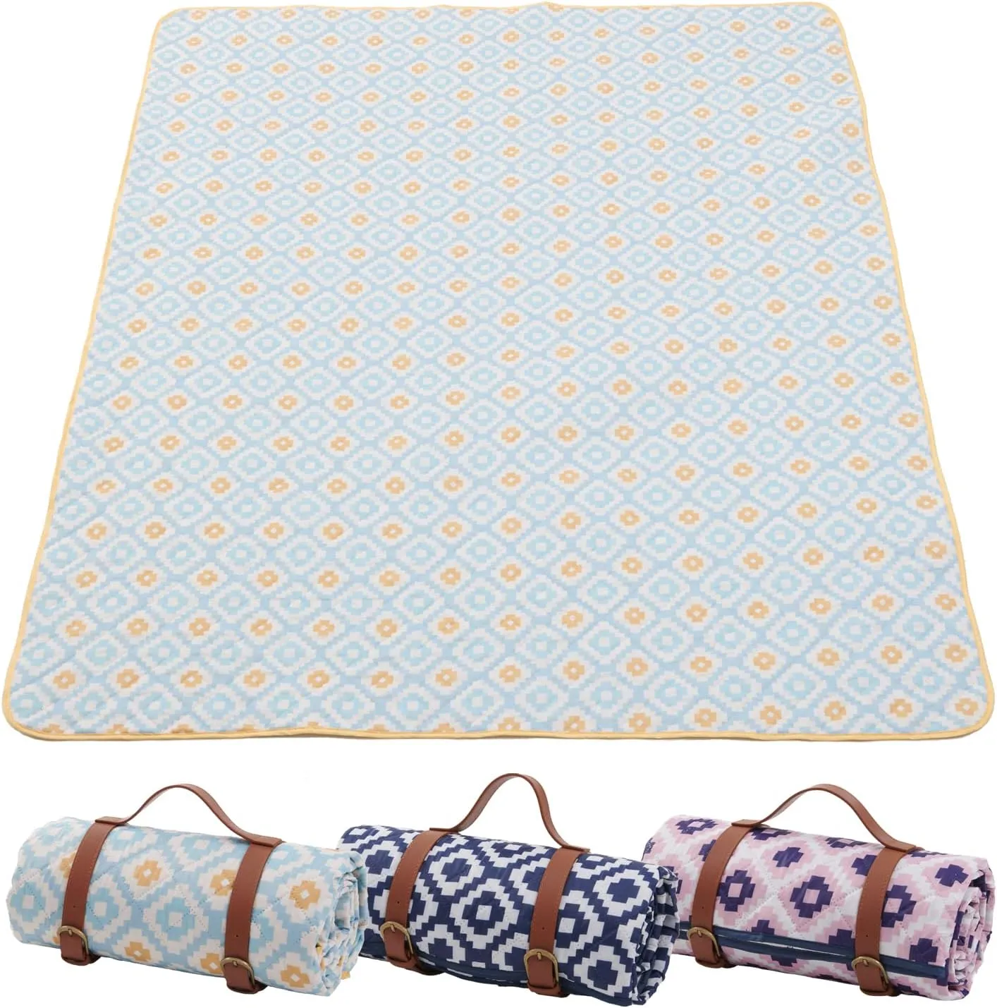 Waterproof Outdoor Blanket with Single Cushion, 80''x80'' Foldable Picnic Blanket with Strap for Park Travel Camping, Sandproof Beach Mat for Family and Friends Machine Washable (Sky Blue)