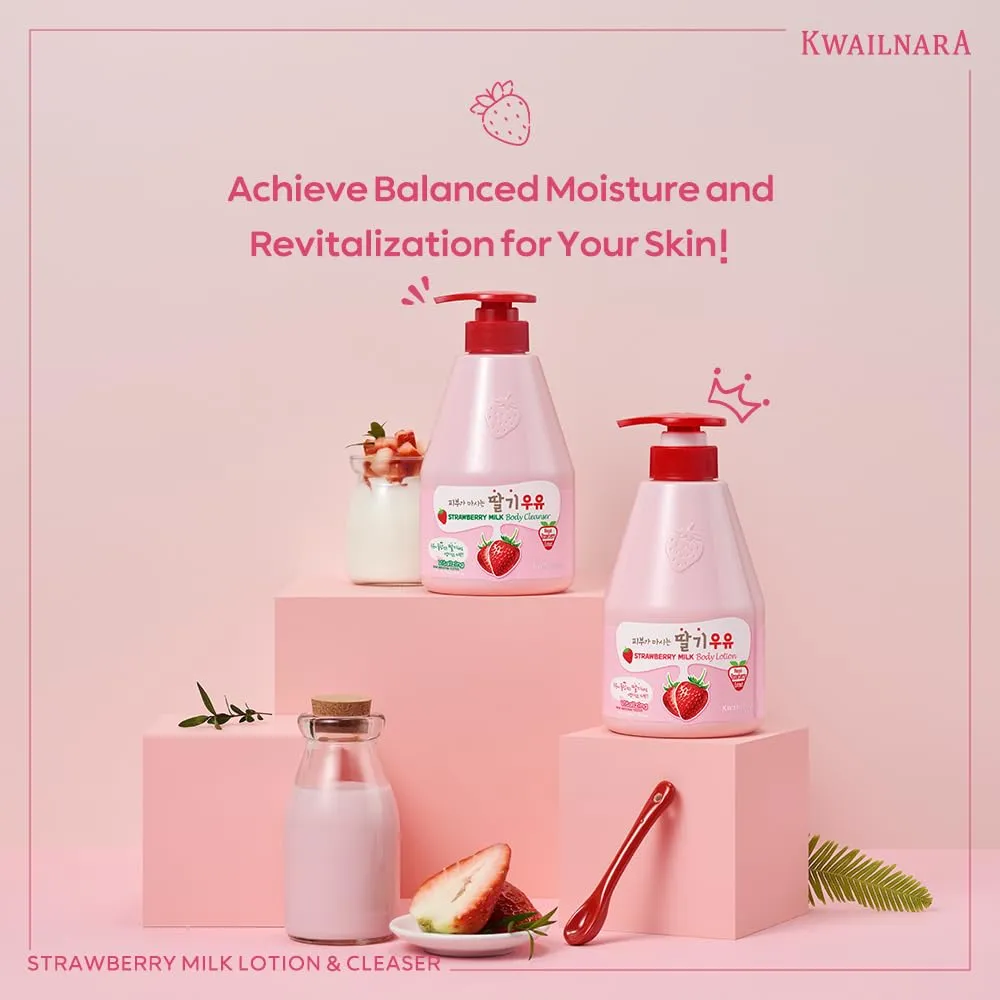 WELCOS Kwailnara Strawberry Milk Body Lotion & Body Wash Set – Moisturizing & Revitalizing Korean Skincare Set with Strawberry Extract, 560g / 19.75oz Each