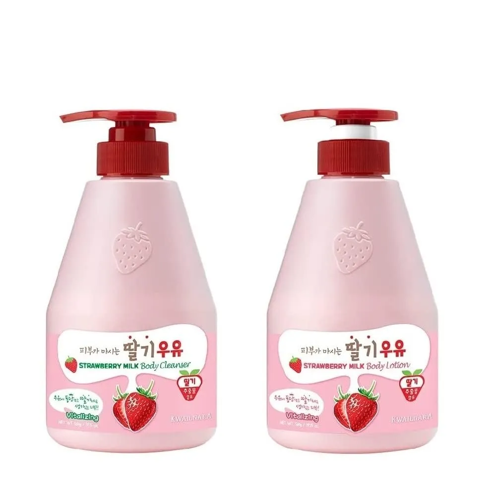 WELCOS Kwailnara Strawberry Milk Body Lotion & Body Wash Set – Moisturizing & Revitalizing Korean Skincare Set with Strawberry Extract, 560g / 19.75oz Each