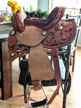 Western Horse Barrel Saddle Genuine Leather Floral Tooled Trail Saddle with Silver Conchos Brown 10" to 18"