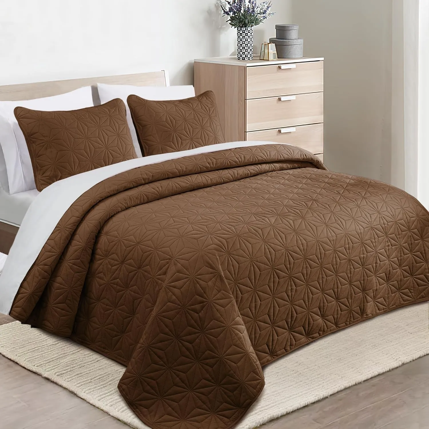 Whale Flotilla King Quilt Bedding Set, Soft Brown Bedspreads Quilts King Size for All Seasons, 3 Pieces Lightweight Geometric Star Pattern Coverlet