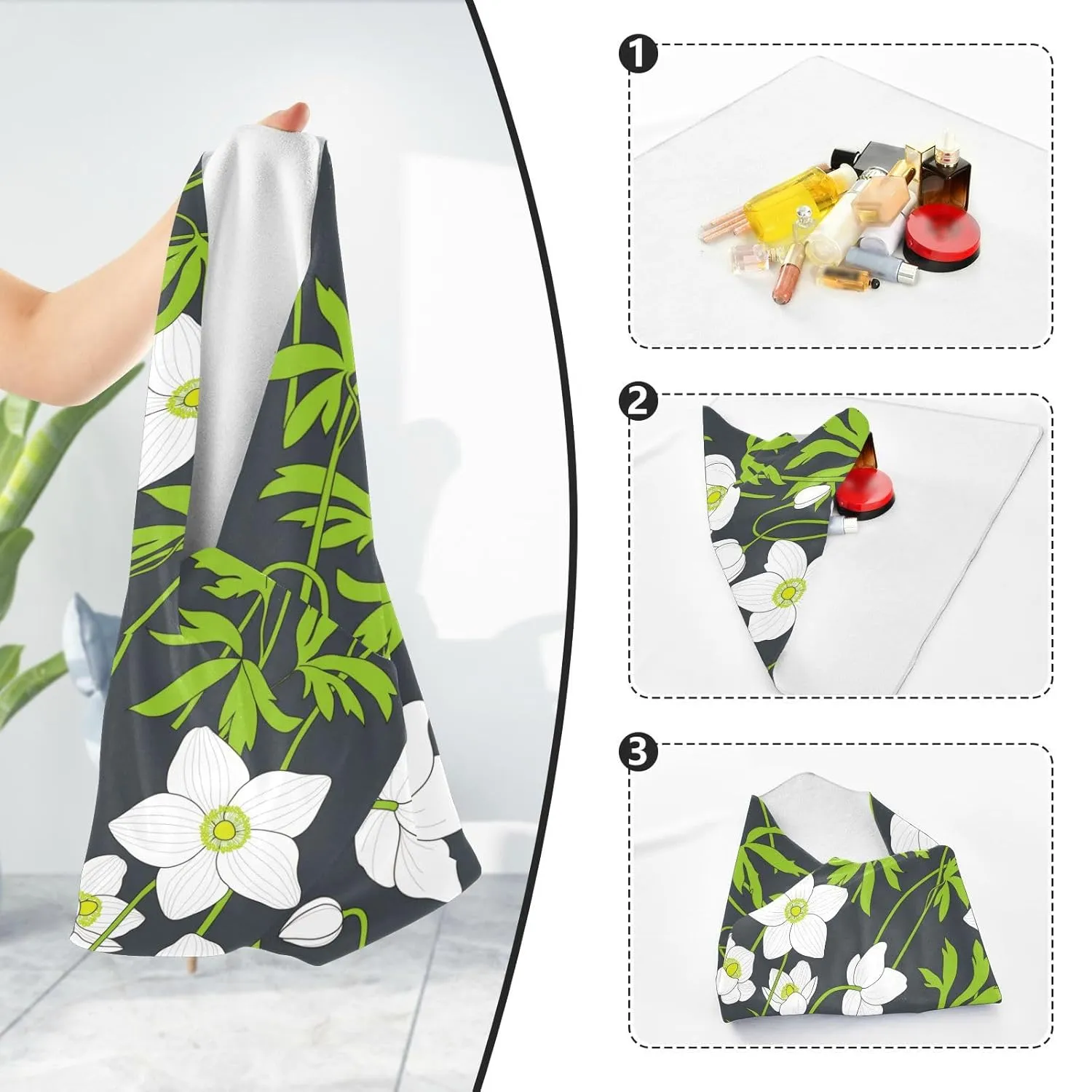 White Anemones Flowers Green Leaves Self-Adhesive Magic Cloth Portable Cosmetic Bag Travel Organizer Lens Protector Wrap - 21.7x21.7in
