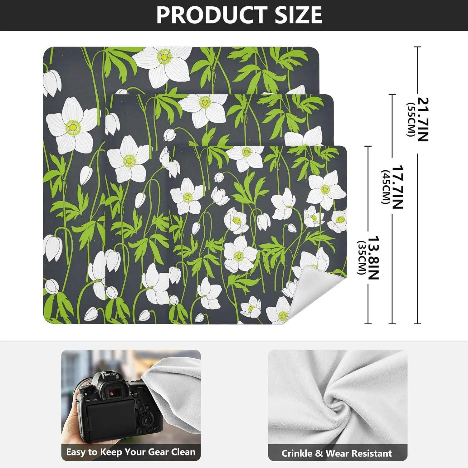 White Anemones Flowers Green Leaves Self-Adhesive Magic Cloth Portable Cosmetic Bag Travel Organizer Lens Protector Wrap - 21.7x21.7in