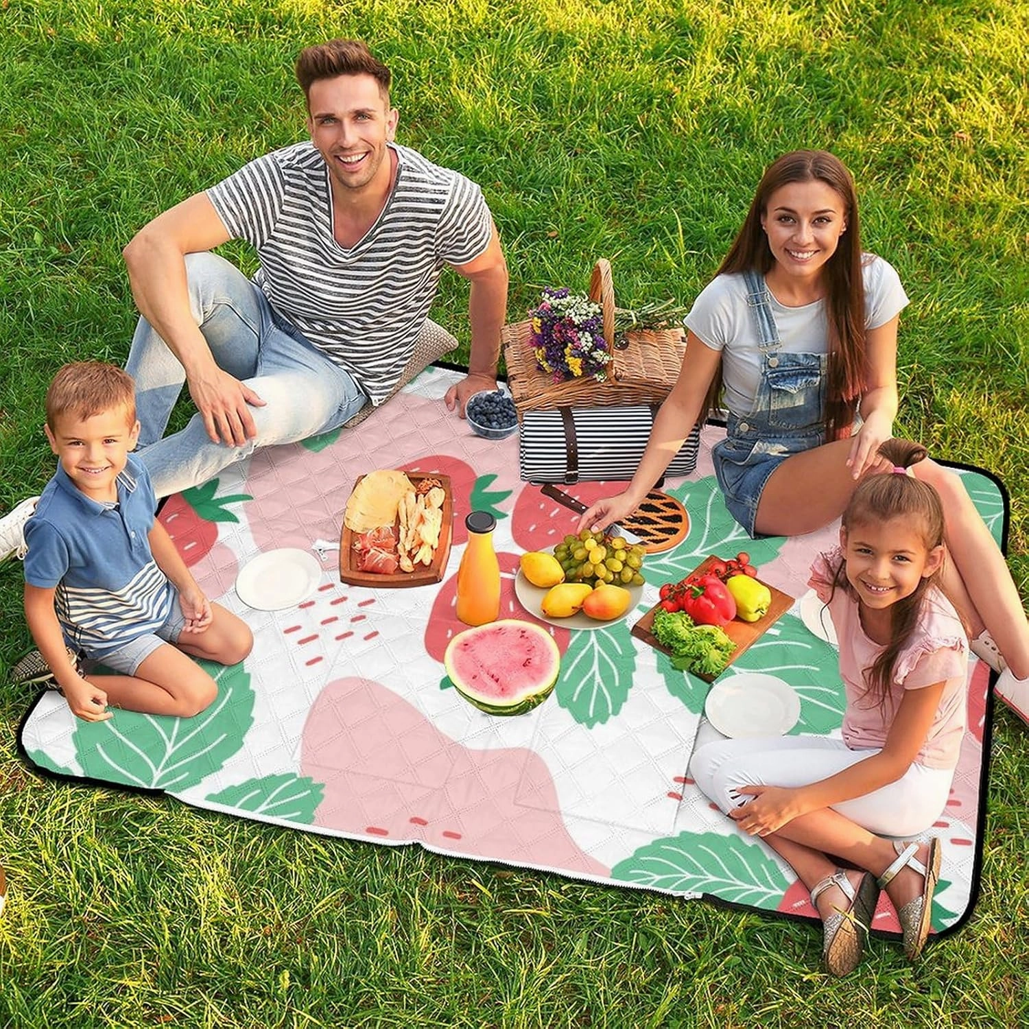 White Picnic Blankets Extra Large 59.06"x39.37", Cartoon Cute Strawberry Outdoor Blanket Outdoor Mat Washable Foldable Portable Beach Blanket Waterproof Sandproof