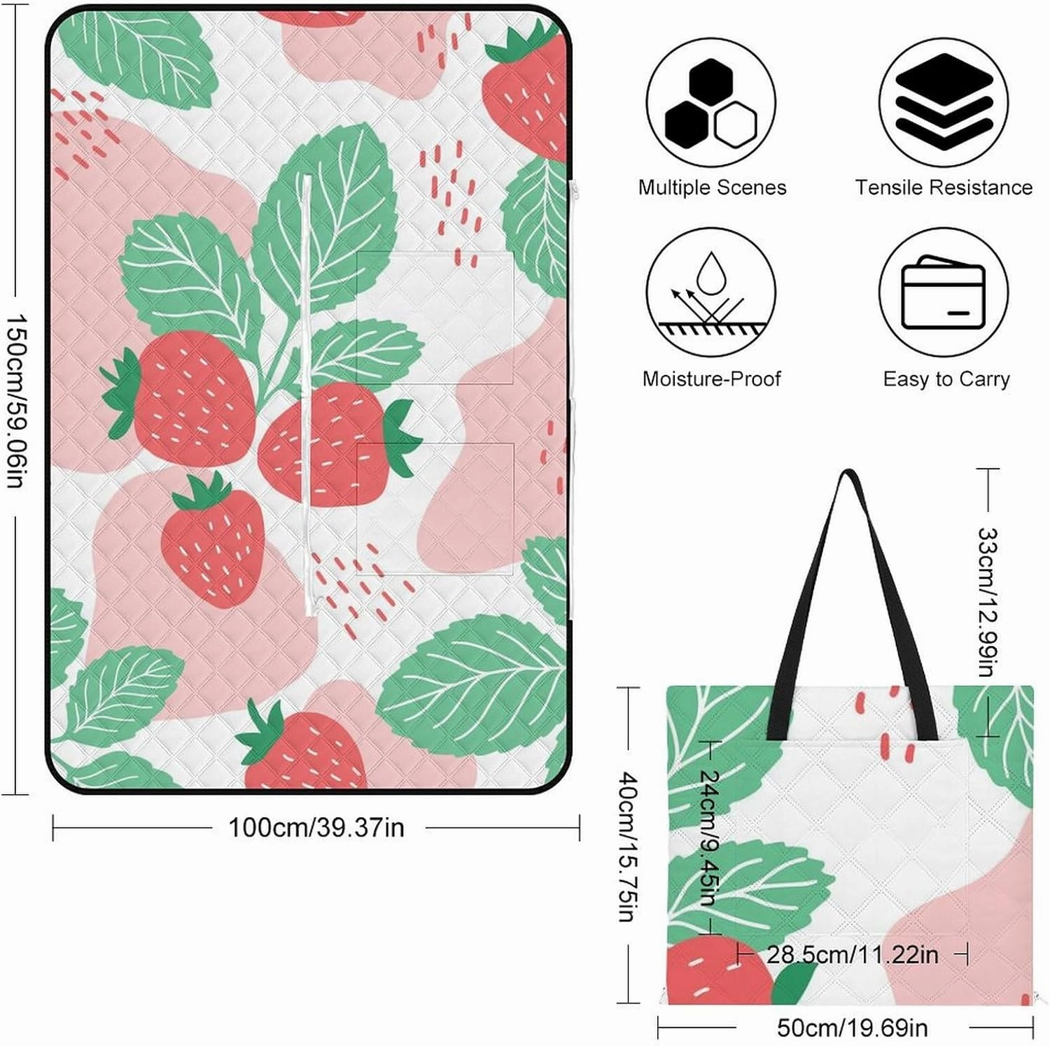White Picnic Blankets Extra Large 59.06"x39.37", Cartoon Cute Strawberry Outdoor Blanket Outdoor Mat Washable Foldable Portable Beach Blanket Waterproof Sandproof