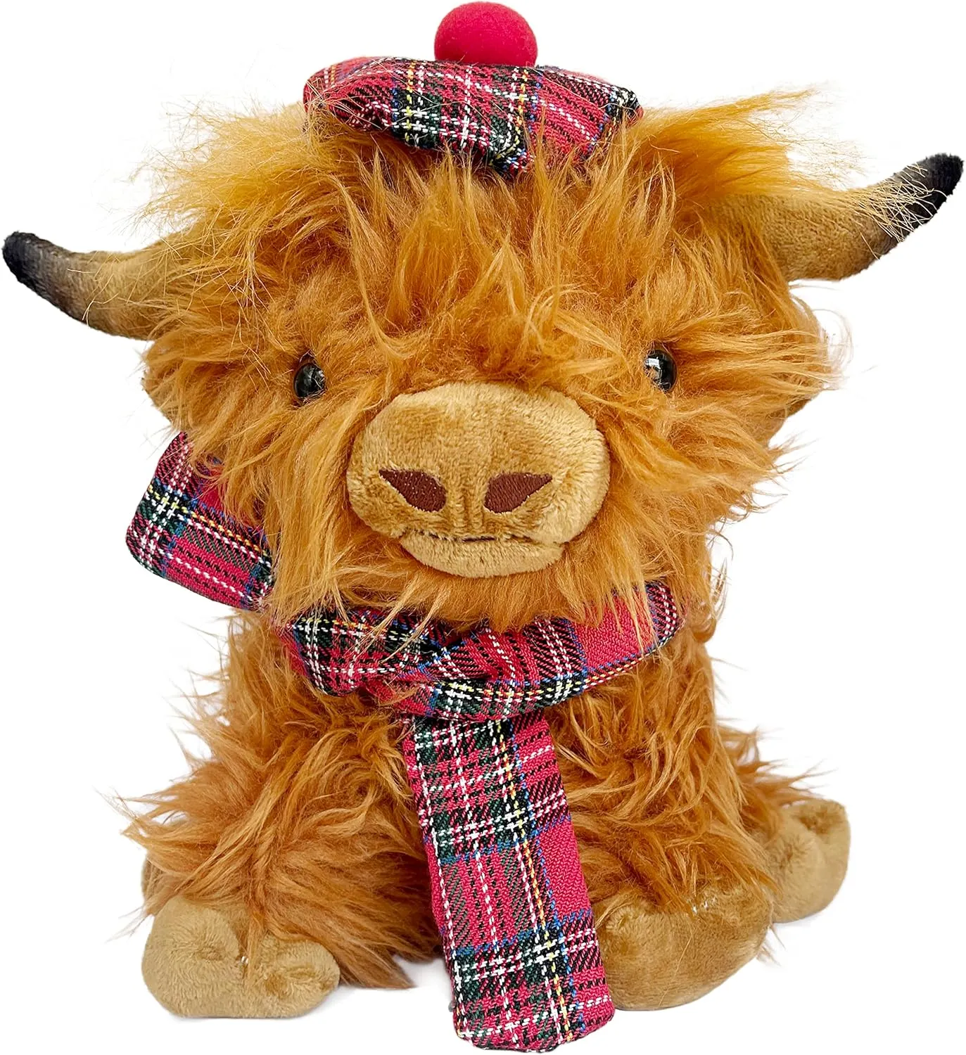 Wilbur Highland Cow 10 inch Brown Plushie Stuffed Animal Cow Soft Toy with Scottish Tartan Plaid Hat and Scarf