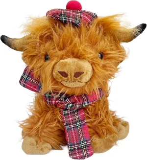Wilbur Highland Cow 10 inch Brown Plushie Stuffed Animal Cow Soft Toy with Scottish Tartan Plaid Hat and Scarf