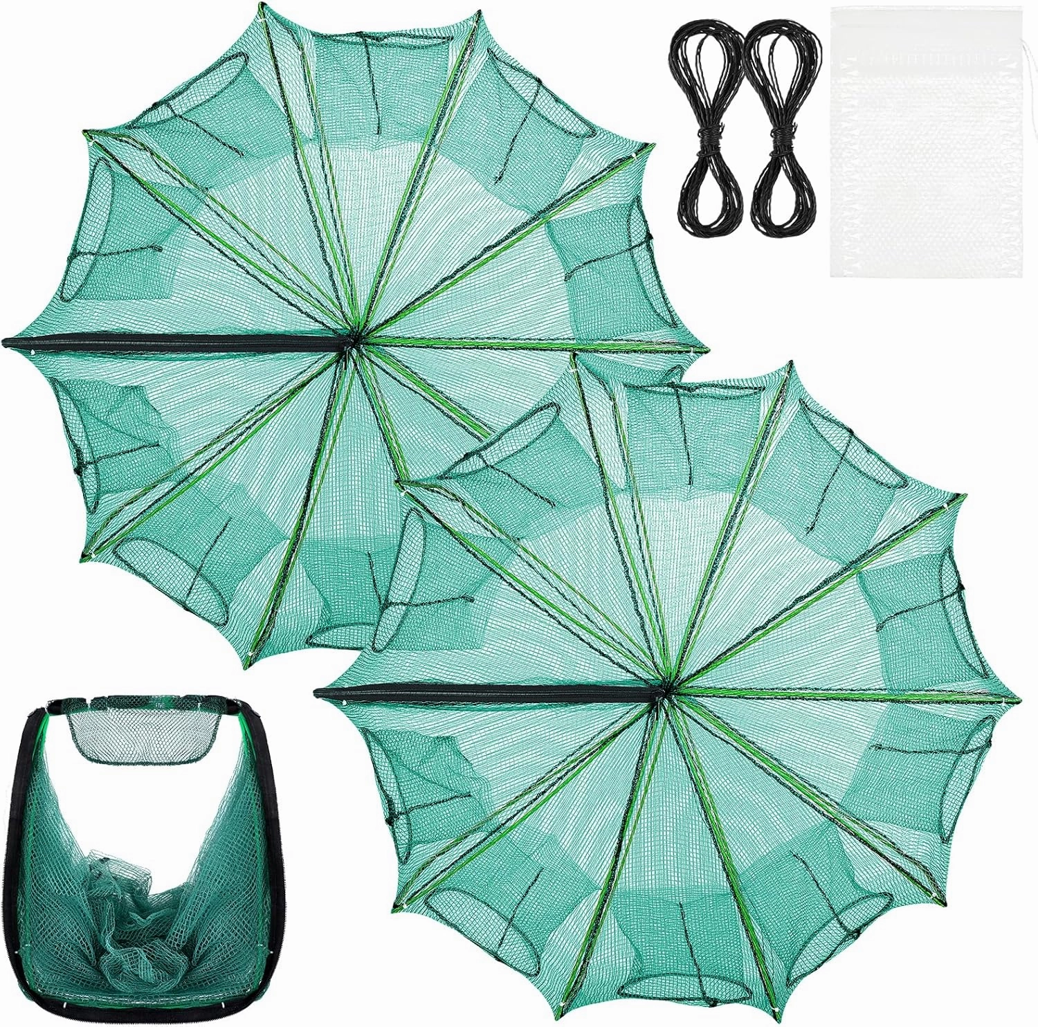 Windyun 2 Pcs Foldable Shrimp Trap 32 x 10 Inches Fishing Trap 10 Holes 10 Sides Portable Fishing Bait Nets for Minnow Crayfish Shrimp Crawdad Bait Accessories with Rope, Bag