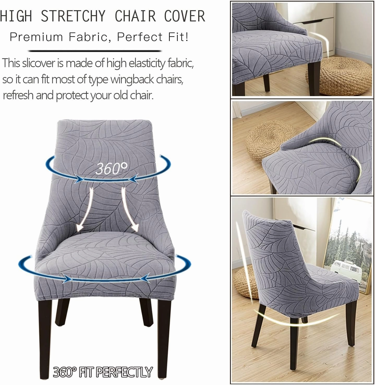 Wingback Side Chair Cover Stretch Dining Chair Covers Slipcovers Reusable Sloping Arm Chair Protector Cover Washable Upholstered Arm Dining Chair Cover for Dining Room Banquet Home Decor(A-light gray,