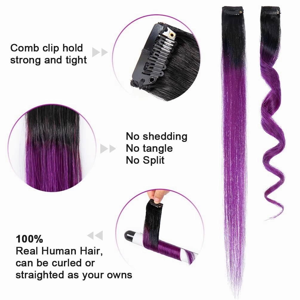 Winsky 100% Real Human Hair - Hairpiece for Women Clip on 5 Pieces/set (18 Inch,1B-Purple)