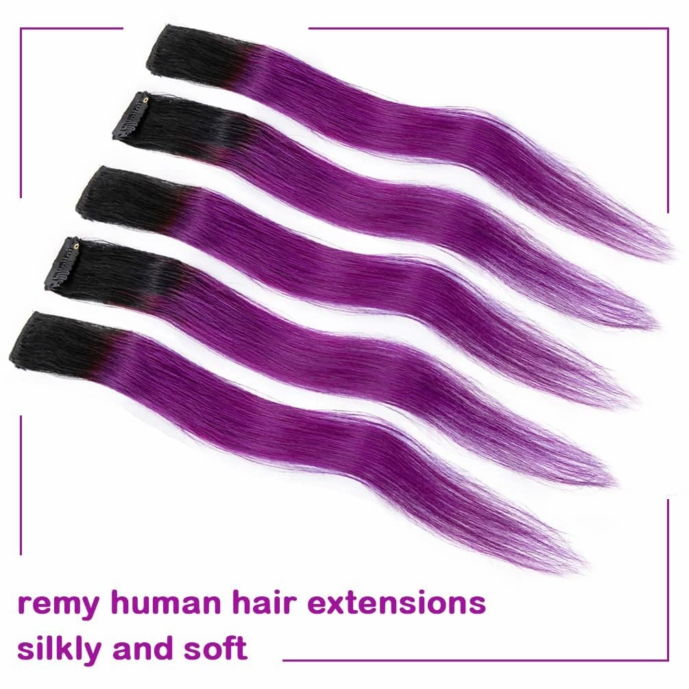 Winsky 100% Real Human Hair - Hairpiece for Women Clip on 5 Pieces/set (18 Inch,1B-Purple)