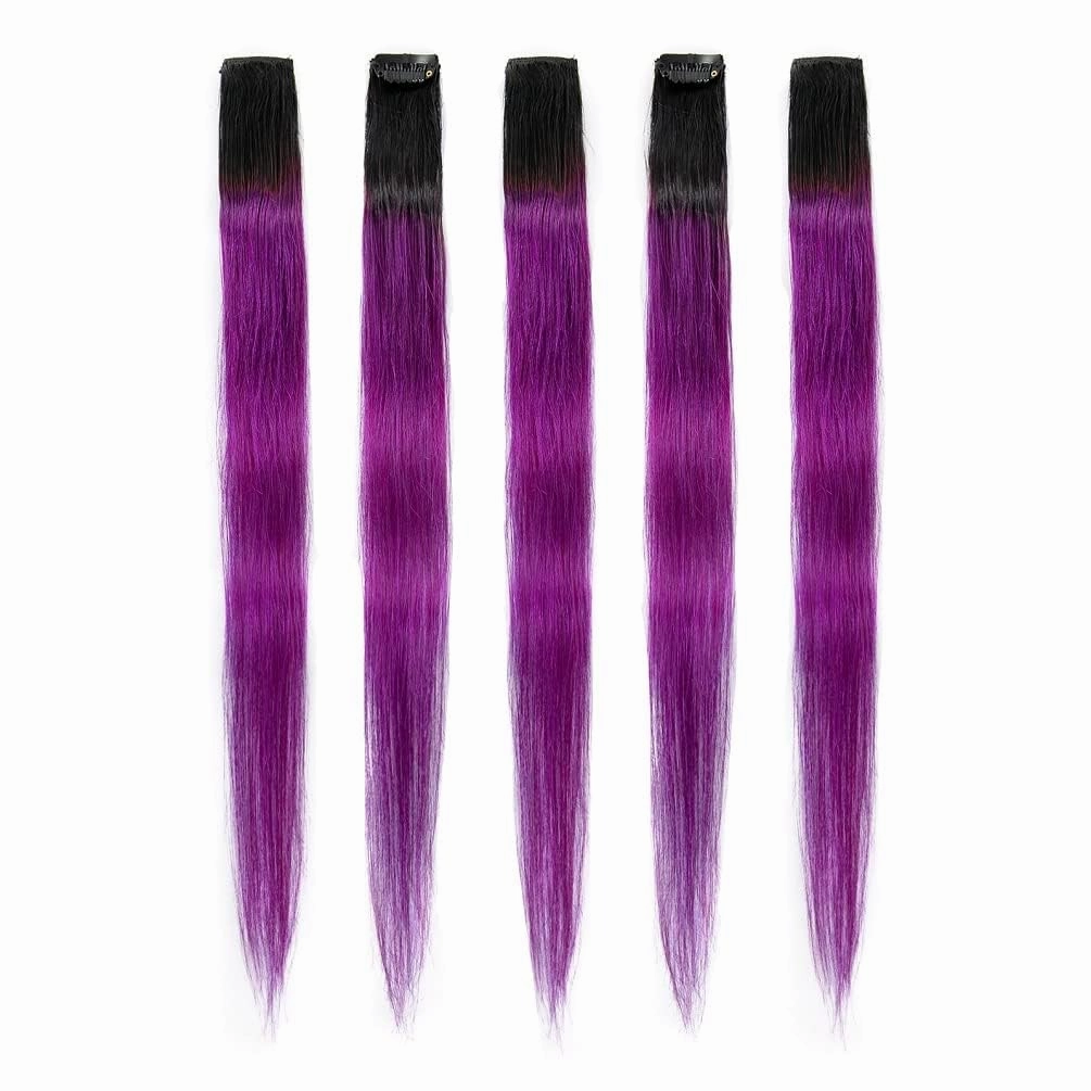 Winsky 100% Real Human Hair - Hairpiece for Women Clip on 5 Pieces/set (18 Inch,1B-Purple)
