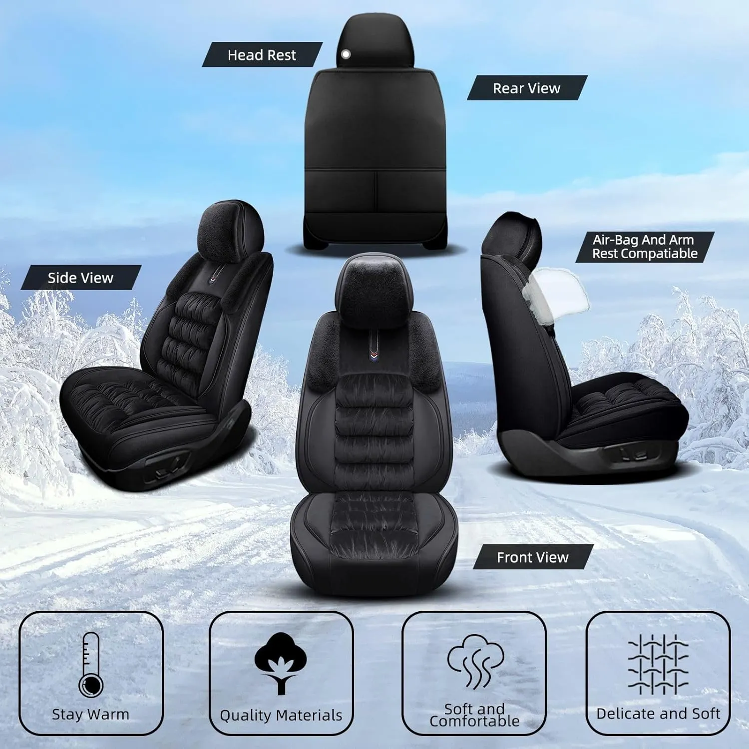 Winter Car Seat Covers Fit for Toyota Tundra 2008-2024 2025 Full Set Plush Warm Automotive Seat Covers Soft Fuzzy Seat Cushion Protector (5 Seat,Black)