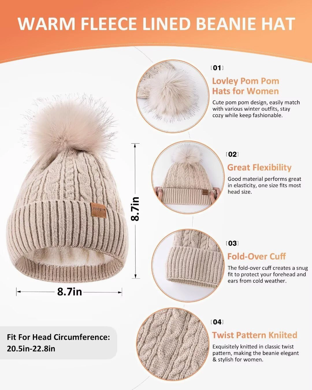 Winter Beanie Hat Scarf Gloves Set for Women, Pom Pom Beanie Fleece Lined Knit Neck Warmer Touchscreen Gloves 3 in 1 Gift Set