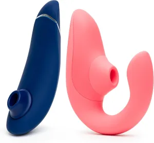 Womanizer Blend Rose Dual Stimulation Rabbit Vibrator & Premium 2 Blue Pleasure Air Clitoris Sucker - Female Sex Toys Bundle