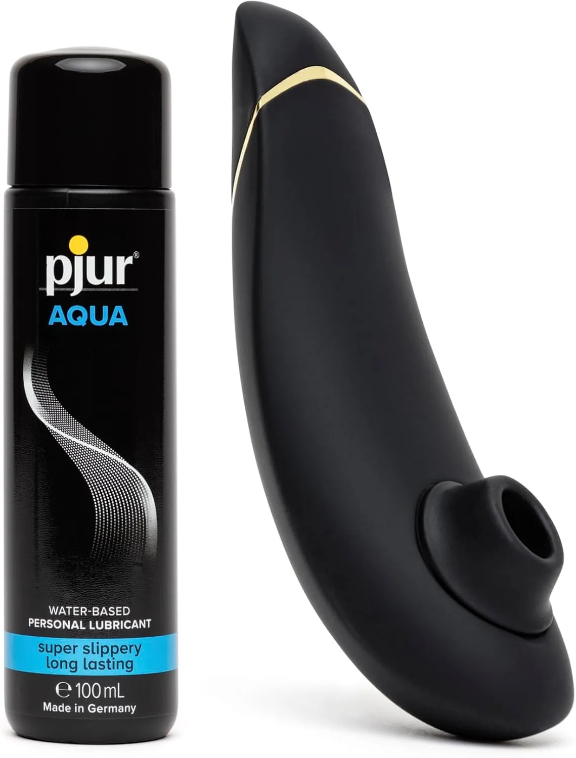 Womanizer Premium 2 Black Clitoral Suction Personal Massager Vibrator & Pjur Aqua Water Based Personal Lubricant 3.4 fl oz - Sex Toys for Women Bundle