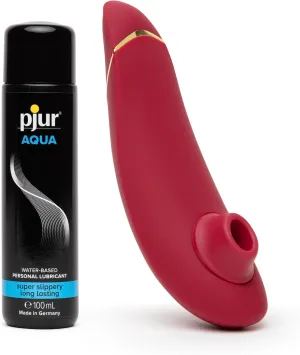 Womanizer Premium 2 Red Clitoral Suction Personal Massager Vibrator & Pjur Aqua Water Based Personal Lubricant 3.4 fl oz - Sex Toys for Women Bundle
