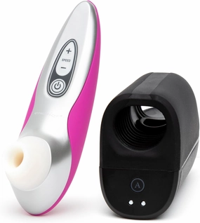 Womanizer Pro40 Magenta Pleasure Air Clitoris Sucker & Arcwave Ion Pleasure Air Male Masturbator - All About Us Couples Sex Toys Bundle
