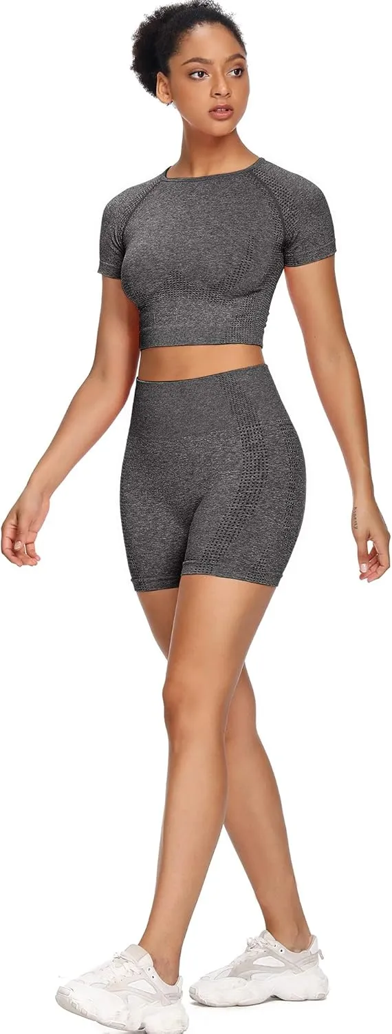Women Seamless Yoga Outfits 2 Piece Set Workout Gym Shorts   Short Sleeve Crop Top