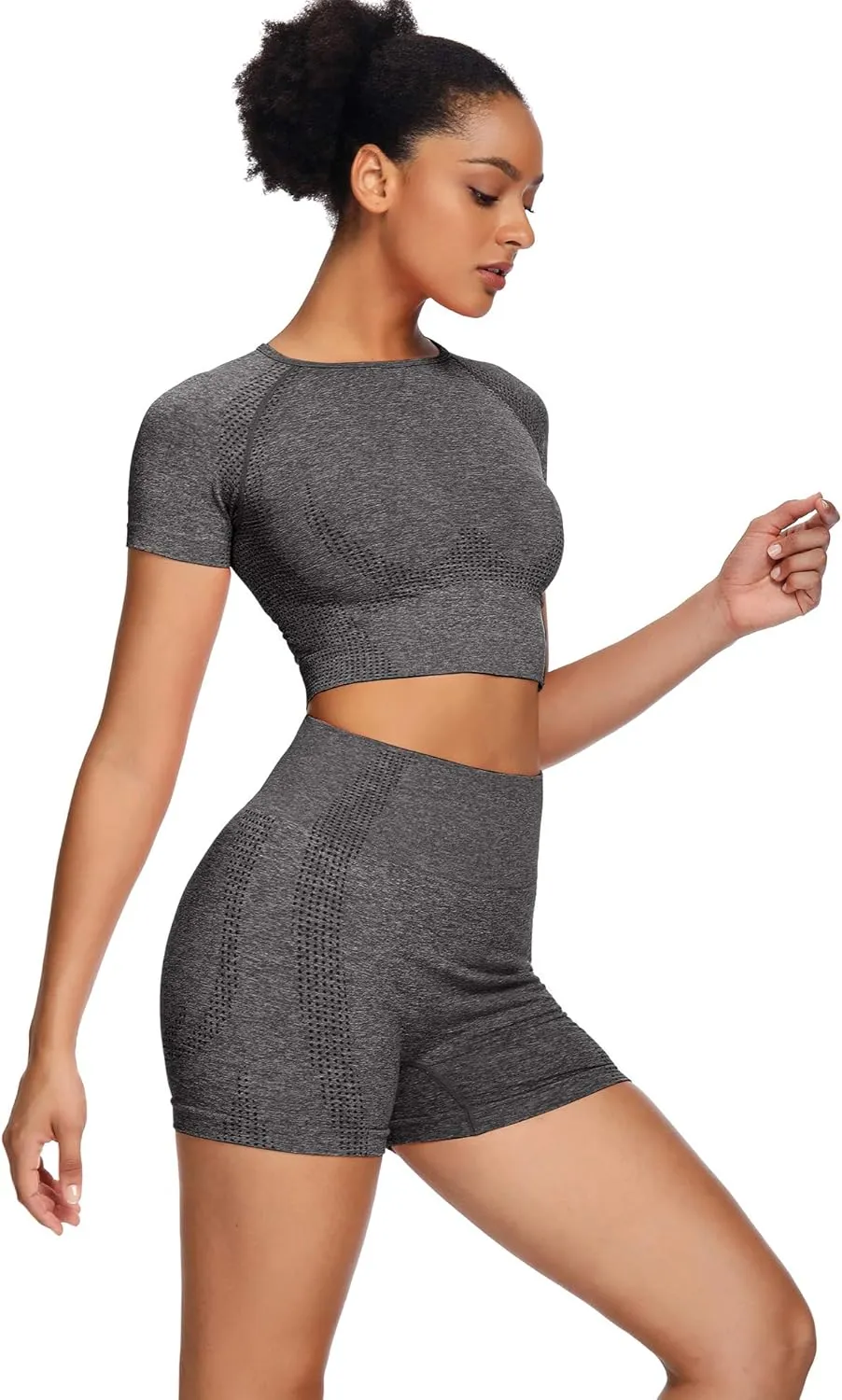 Women Seamless Yoga Outfits 2 Piece Set Workout Gym Shorts   Short Sleeve Crop Top