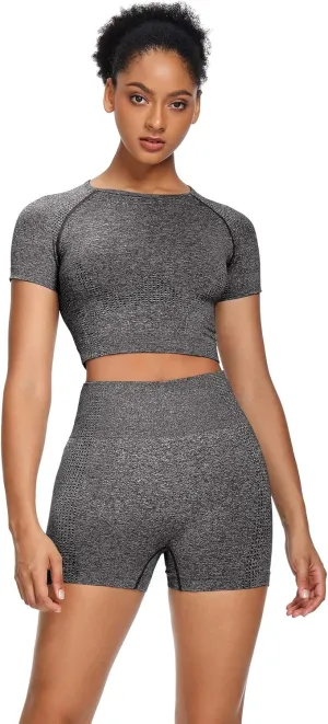 Women Seamless Yoga Outfits 2 Piece Set Workout Gym Shorts   Short Sleeve Crop Top