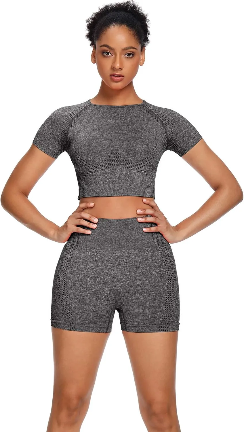 Women Seamless Yoga Outfits 2 Piece Set Workout Gym Shorts   Short Sleeve Crop Top