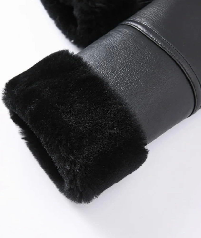Women's Black Genuine Real Sheepskin Leather Aviator Jacket with Faux Fur Lining