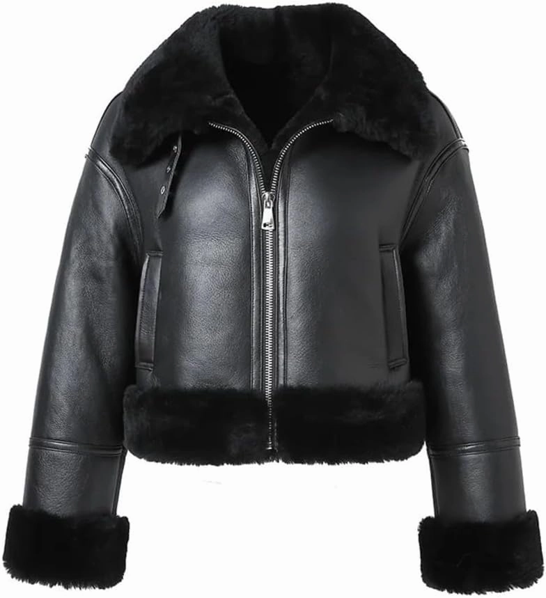 Women's Black Genuine Real Sheepskin Leather Aviator Jacket with Faux Fur Lining