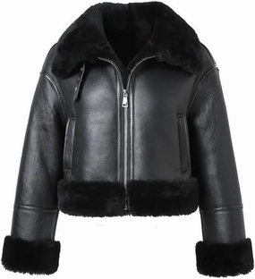 Women's Black Genuine Real Sheepskin Leather Aviator Jacket with Faux Fur Lining