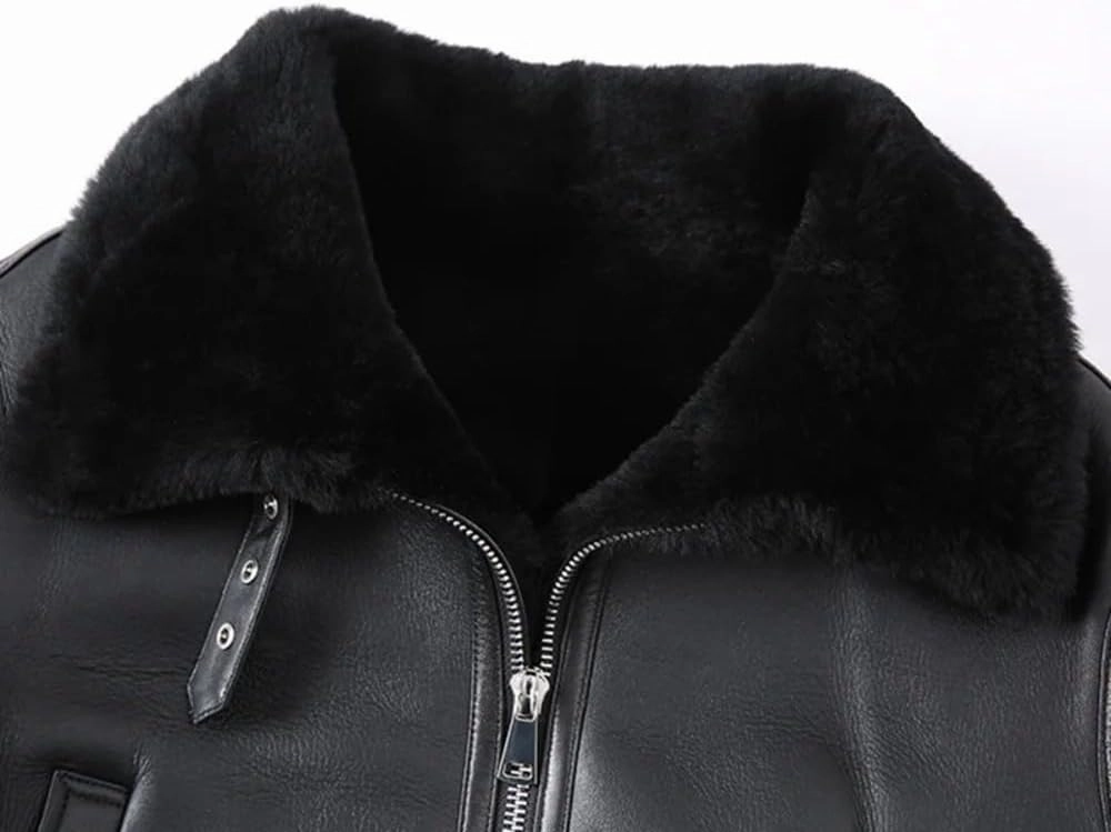 Women's Black Genuine Real Sheepskin Leather Aviator Jacket with Faux Fur Lining