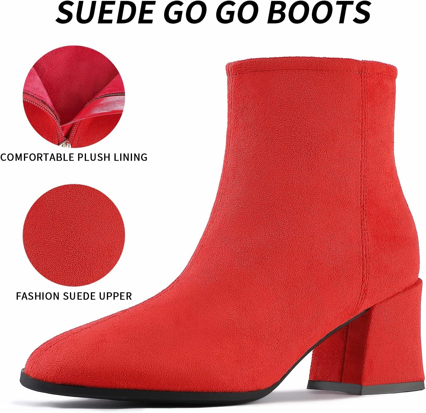 Women's GO GO Boots Suede Low Heel Ankle Booties Chunky Block Heel Boots Sexy Round Toe Heeled Short Boots