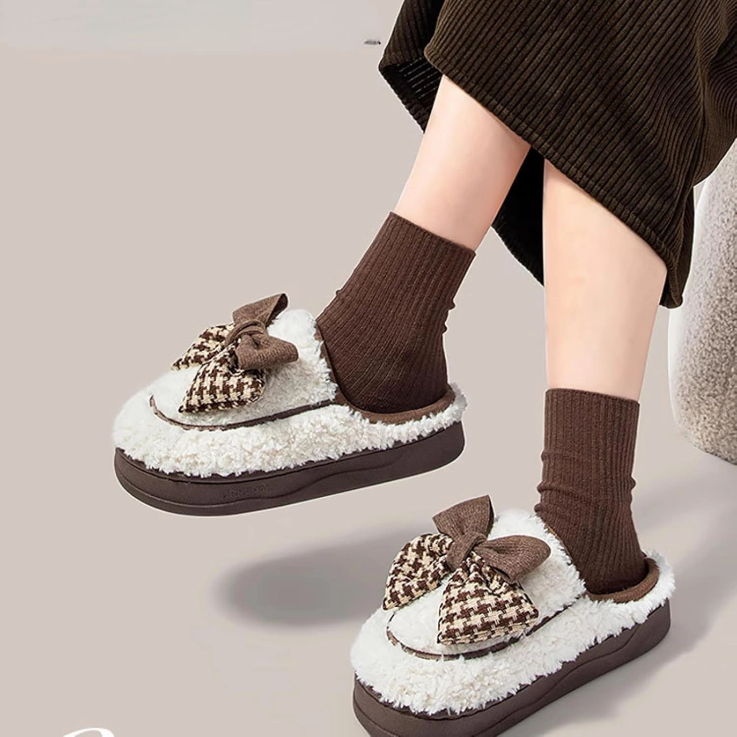 Women's Houndstooth Bowknot Plush Slippers for Winter, Fuzzy Platform Home Shoes Indoor Outdoor