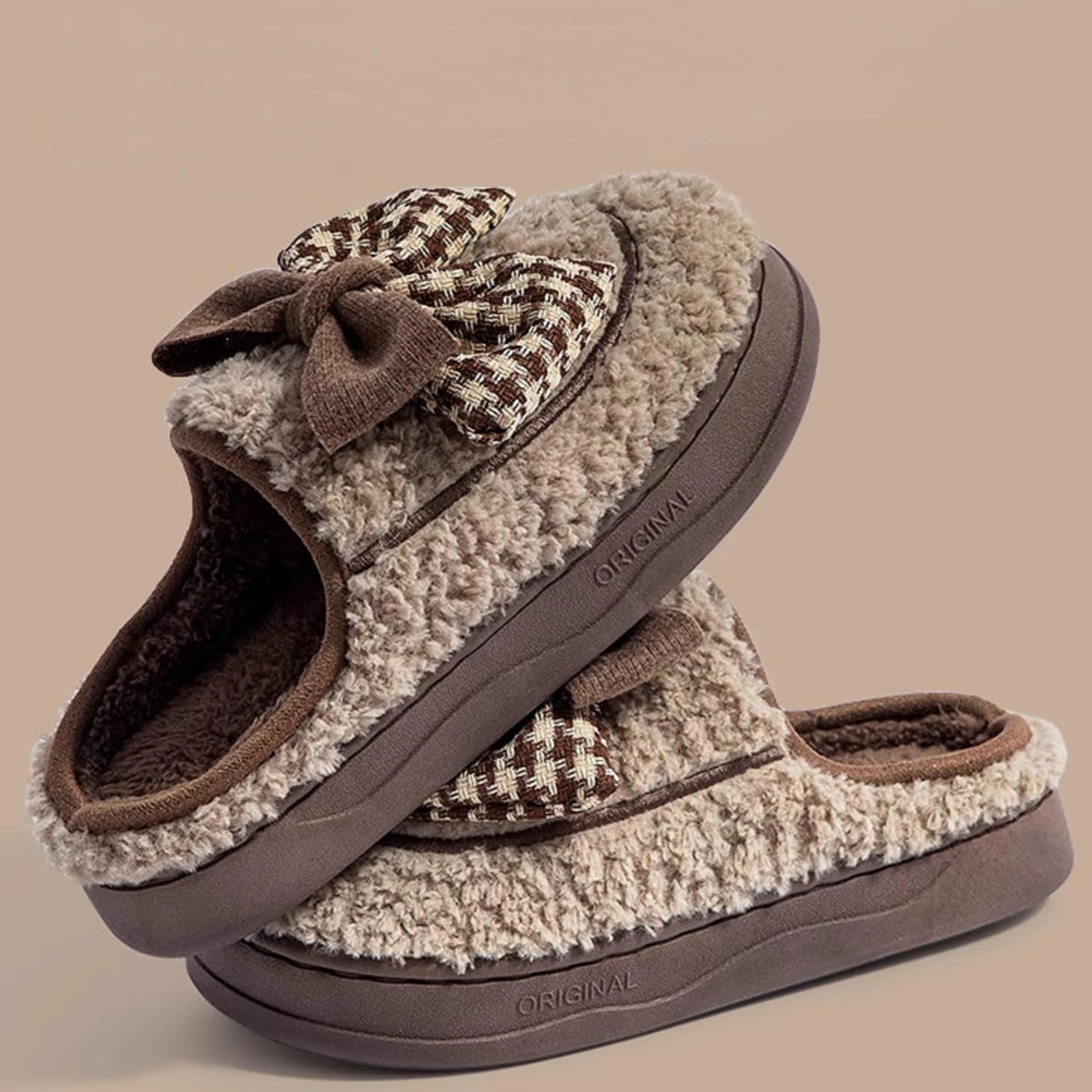 Women's Houndstooth Bowknot Plush Slippers for Winter, Fuzzy Platform Home Shoes Indoor Outdoor