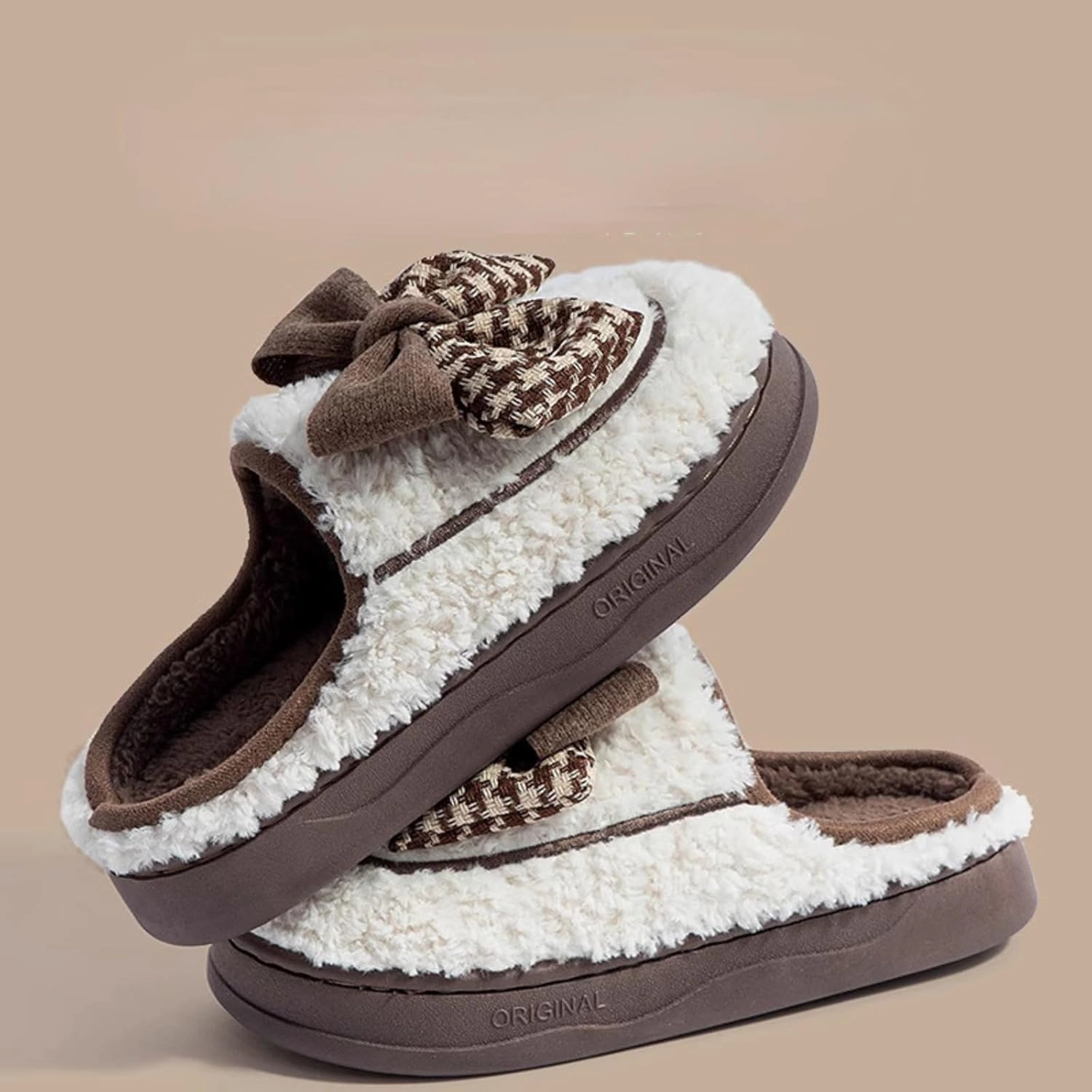 Women's Houndstooth Bowknot Plush Slippers for Winter, Fuzzy Platform Home Shoes Indoor Outdoor