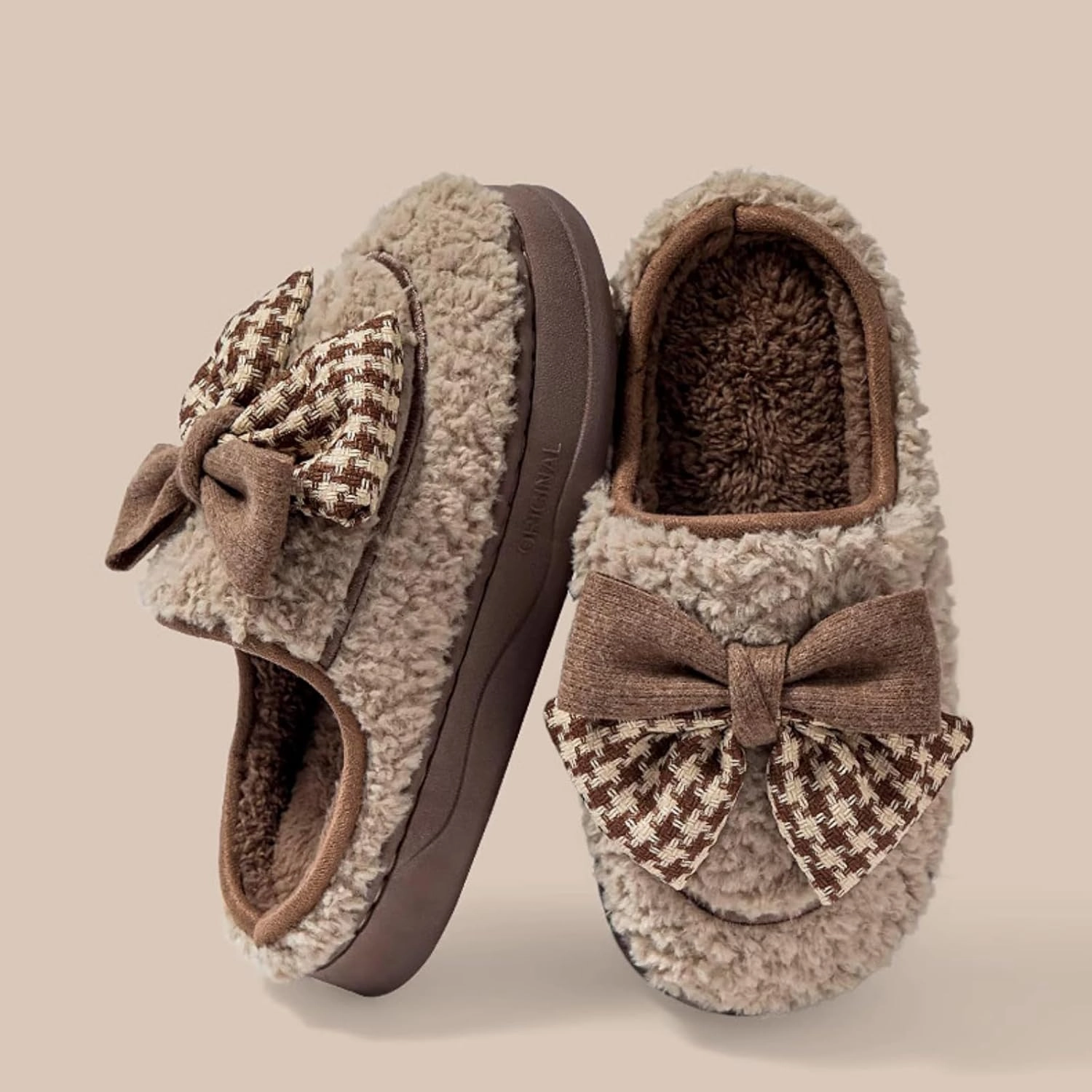 Women's Houndstooth Bowknot Plush Slippers for Winter, Fuzzy Platform Home Shoes Indoor Outdoor