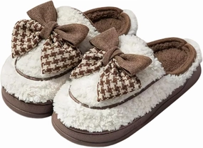 Women's Houndstooth Bowknot Plush Slippers for Winter, Fuzzy Platform Home Shoes Indoor Outdoor
