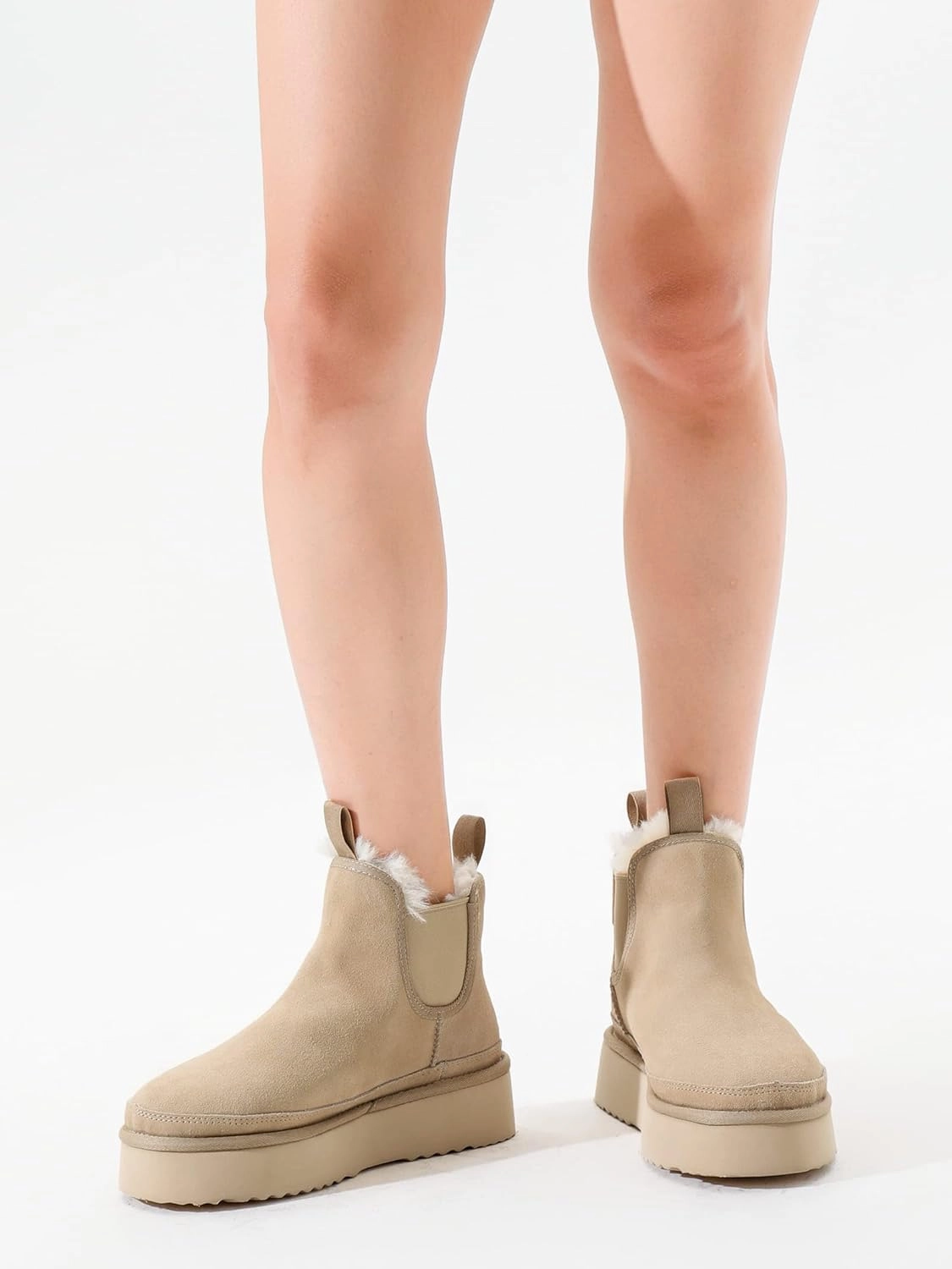 Women's Mini Snow Boots Platform Chelsea Winter Warm Faux Fur Lined Suede Indoor Outdoor Anti-Slip Classic Comfortable Flat Ankle Bootie