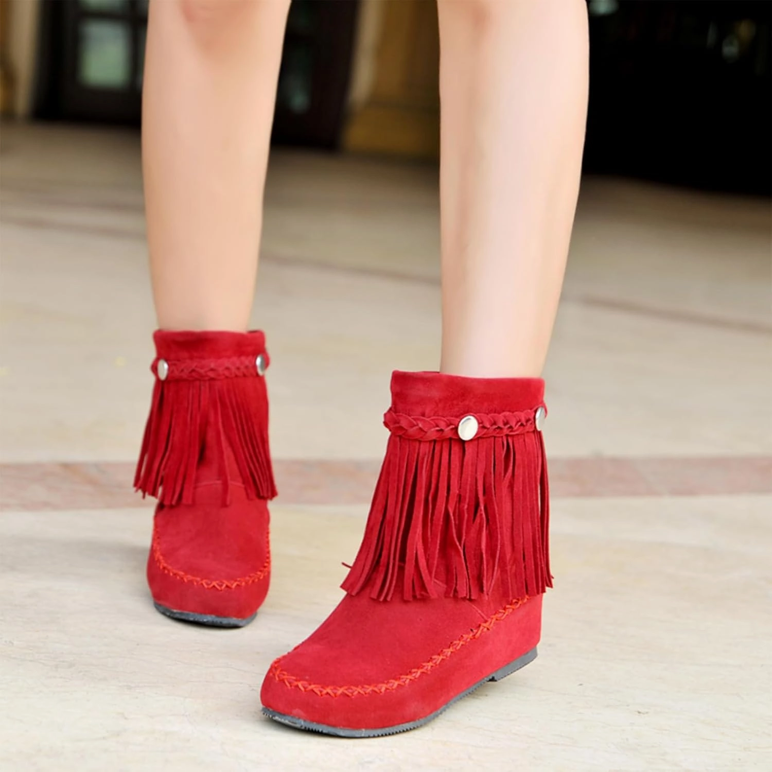 Women's Suede Tassel Cowboys Ankle Boots,Classic Vintage Round Toe Slip On Hidden Wedge Heel Low Heel Western Short Boots Dress Booties