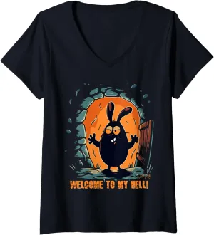 Womens Welcome to my hell, the scary dungeon bunny V-Neck T-Shirt