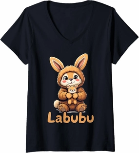 Womens Labubu Adorable Bunny Companion Labubu V-Neck T-Shirt