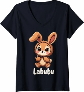 Womens Labubu Cute Brown Bunny Monster V-Neck T-Shirt