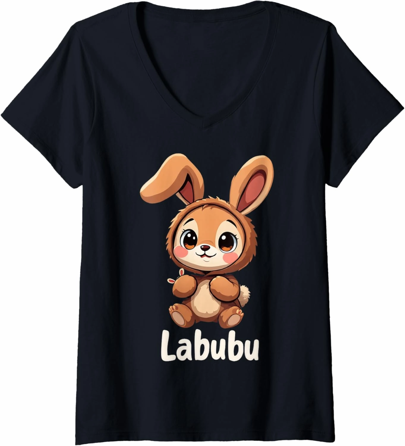 Womens Labubu Cute Brown Bunny Monster V-Neck T-Shirt