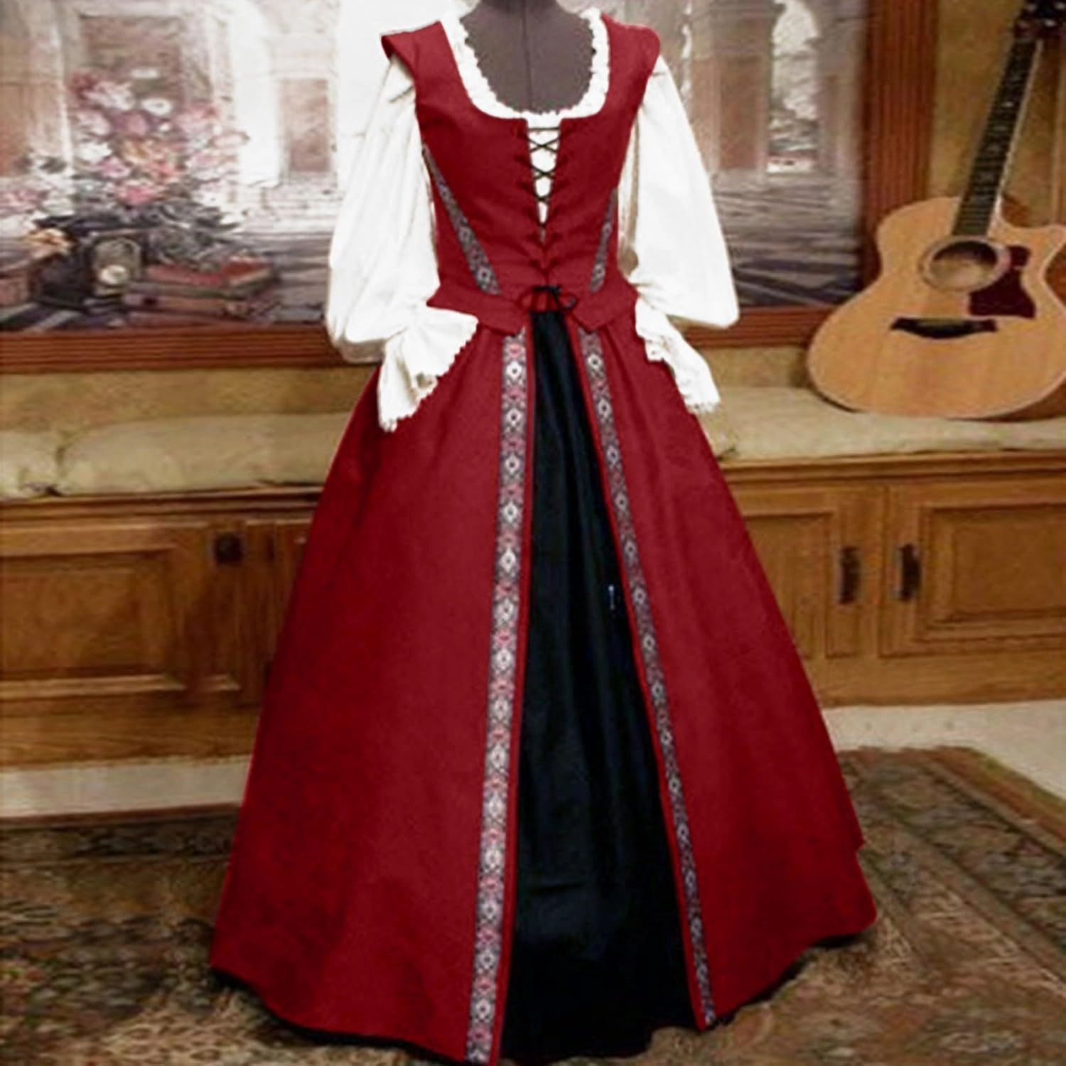Womens Renaissance Dress 2023 Trendy Ruffle Bell Sleeve Square Neck Tie Up Dress Classic Vintage Victorian Dress