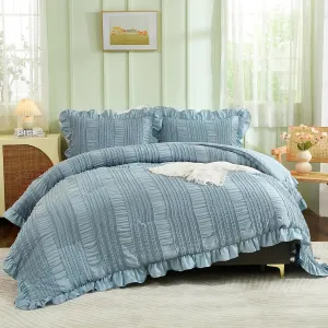 WONGS BEDDING Blue Comforter Set Queen,3 Pieces Ruffle Farmhouse Shabby Chic Boho Comforter for Queen Bed,Soft Seersucker Textured Bedding Set with 1 Ruffle Comforter,2 Tufted Pillowcases 90"×90"