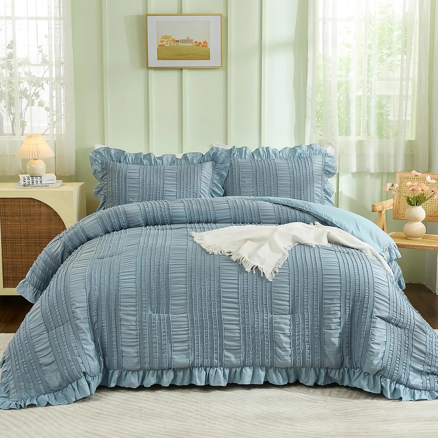WONGS BEDDING Blue Comforter Set Queen,3 Pieces Ruffle Farmhouse Shabby Chic Boho Comforter for Queen Bed,Soft Seersucker Textured Bedding Set with 1 Ruffle Comforter,2 Tufted Pillowcases 90"×90"