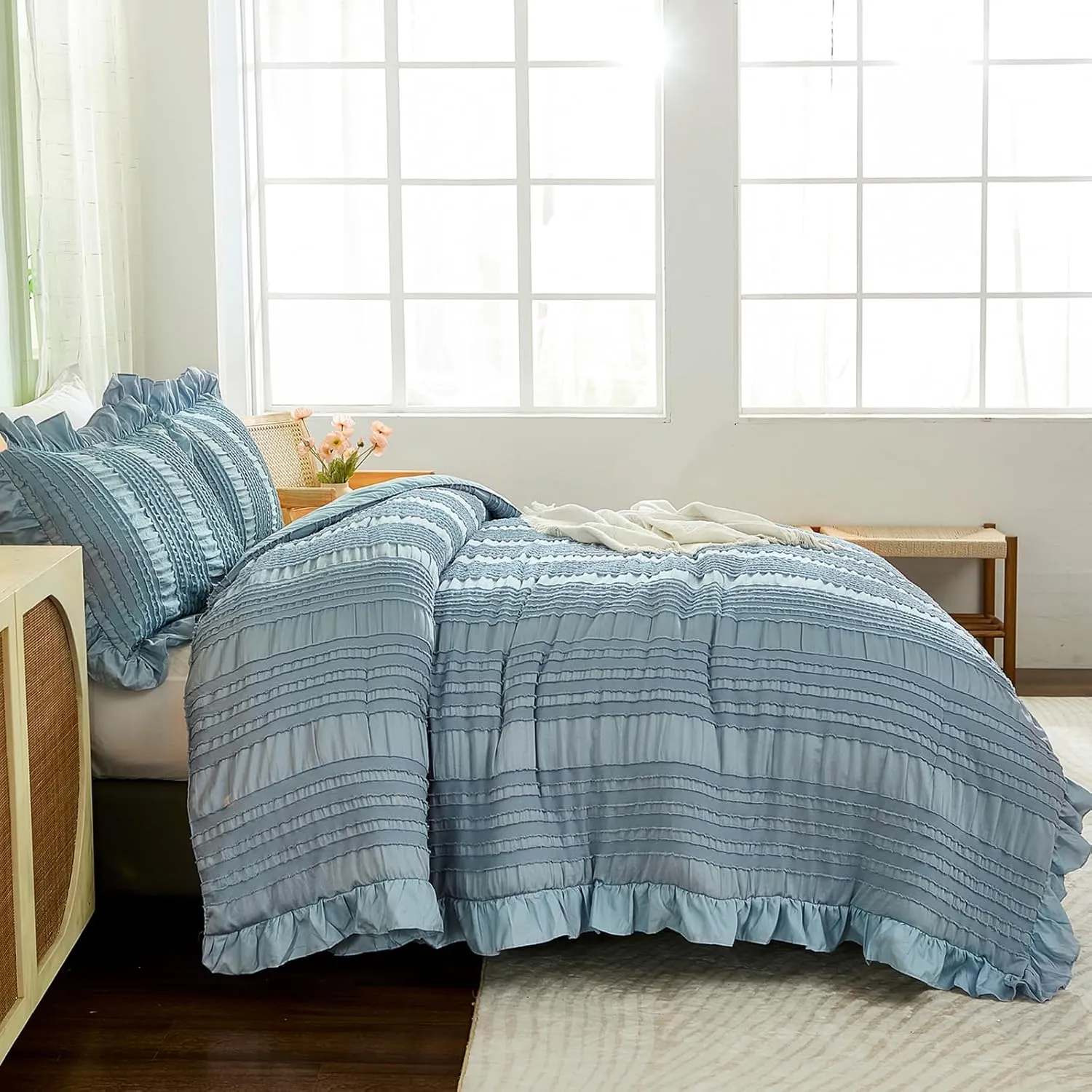 WONGS BEDDING Blue Comforter Set Queen,3 Pieces Ruffle Farmhouse Shabby Chic Boho Comforter for Queen Bed,Soft Seersucker Textured Bedding Set with 1 Ruffle Comforter,2 Tufted Pillowcases 90"×90"