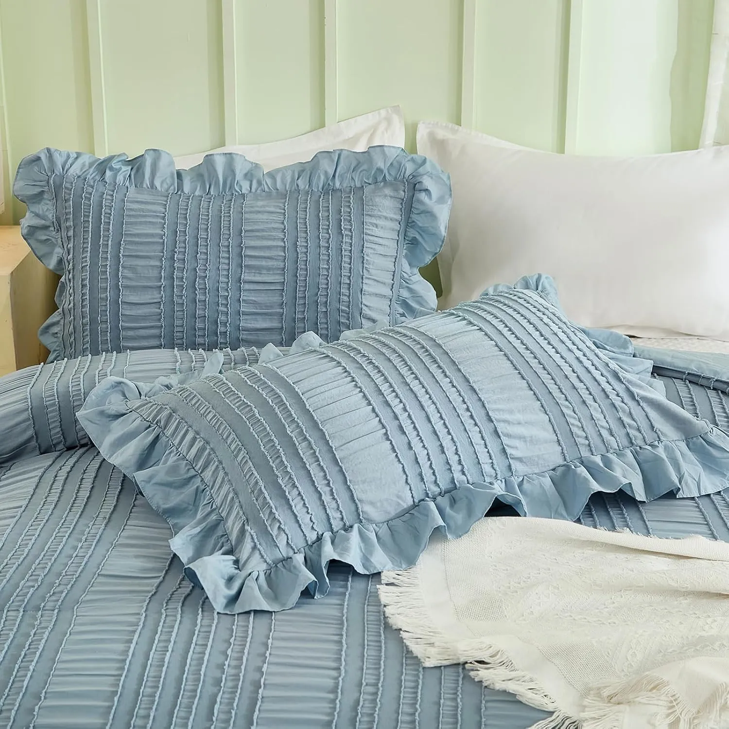 WONGS BEDDING Blue Comforter Set Queen,3 Pieces Ruffle Farmhouse Shabby Chic Boho Comforter for Queen Bed,Soft Seersucker Textured Bedding Set with 1 Ruffle Comforter,2 Tufted Pillowcases 90"×90"