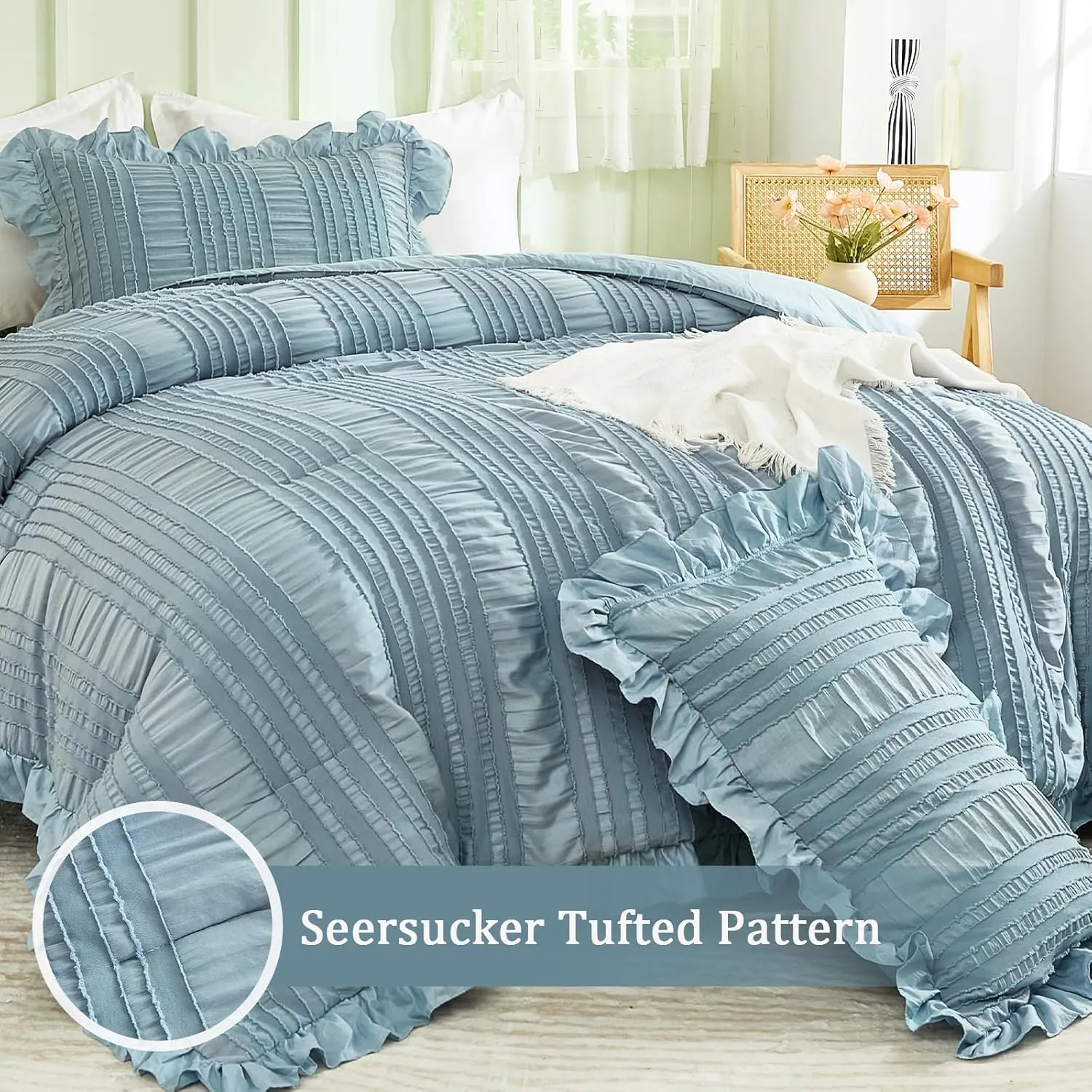 WONGS BEDDING Blue Comforter Set Queen,3 Pieces Ruffle Farmhouse Shabby Chic Boho Comforter for Queen Bed,Soft Seersucker Textured Bedding Set with 1 Ruffle Comforter,2 Tufted Pillowcases 90"×90"